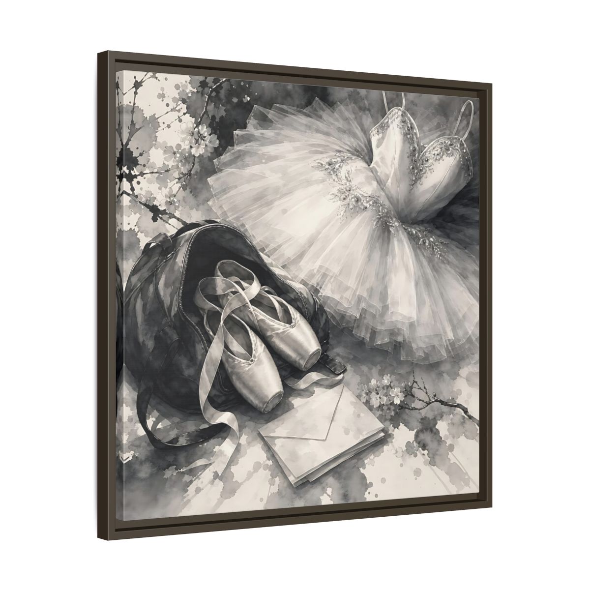 Side Mockup 27. Floral Ballet Shoes Monochrome Ballet shown as framed canvas print