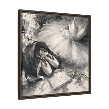 Side Mockup 27. Floral Ballet Shoes Monochrome Ballet shown as framed canvas print
