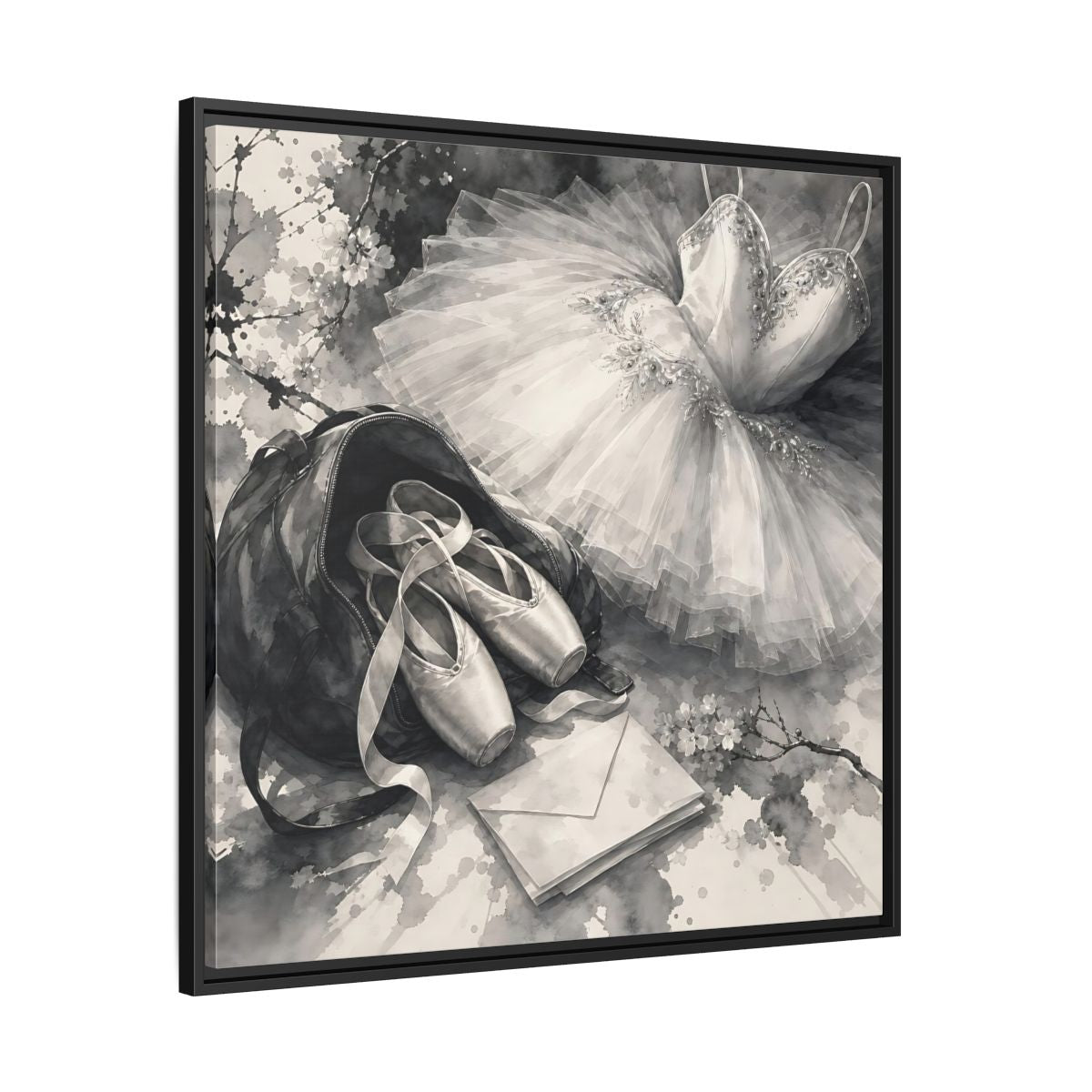 Side Mockup 30. Floral Ballet Shoes Monochrome Ballet shown as framed canvas print