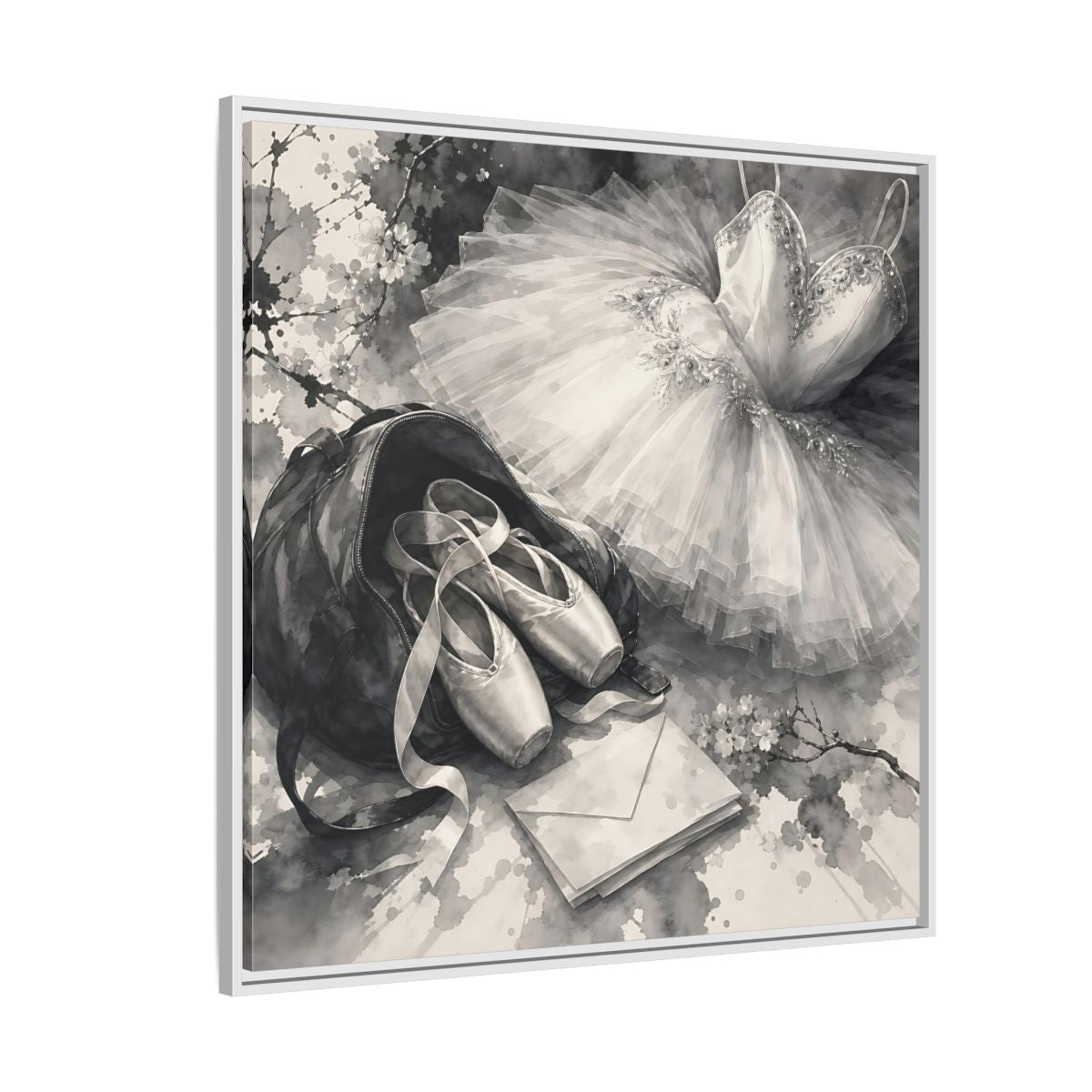 Side Mockup 4. Floral Ballet Shoes Monochrome Ballet shown as framed canvas print