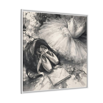 Side Mockup 4. Floral Ballet Shoes Monochrome Ballet shown as framed canvas print