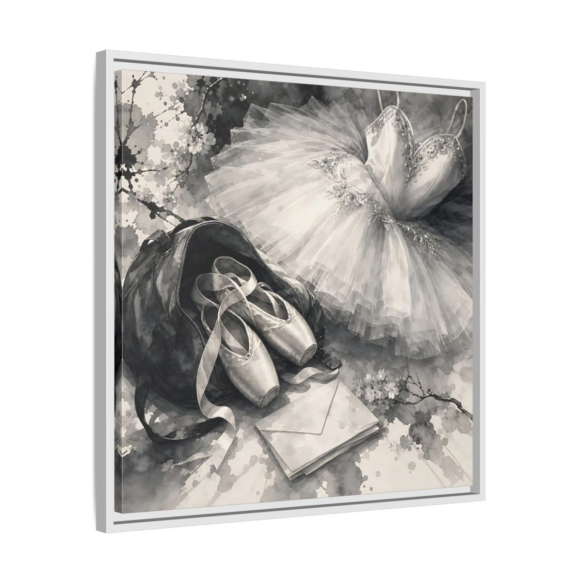 Side Mockup 26. Floral Ballet Shoes Monochrome Ballet shown as framed canvas print