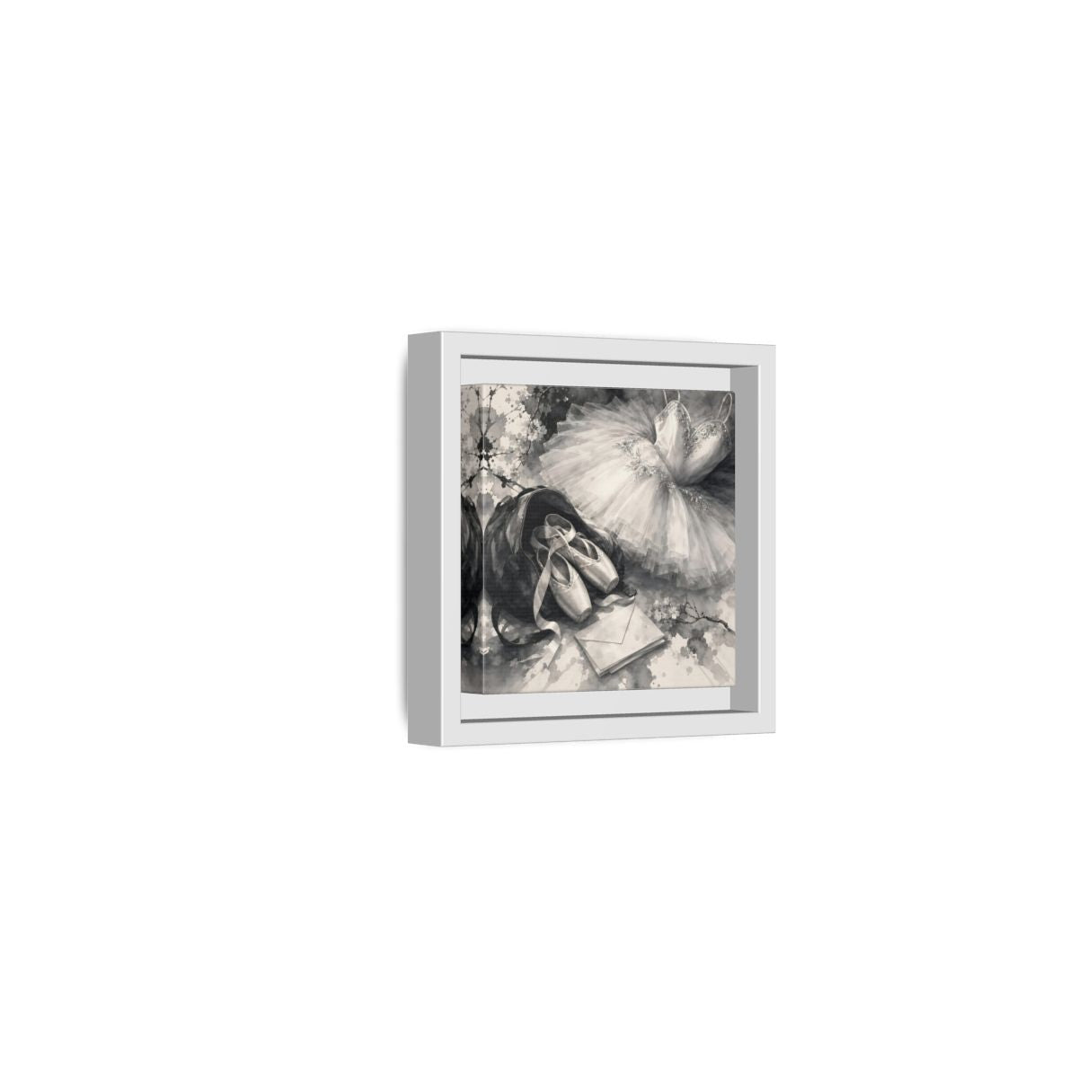 Side Mockup 22. Floral Ballet Shoes Monochrome Ballet shown as framed canvas print
