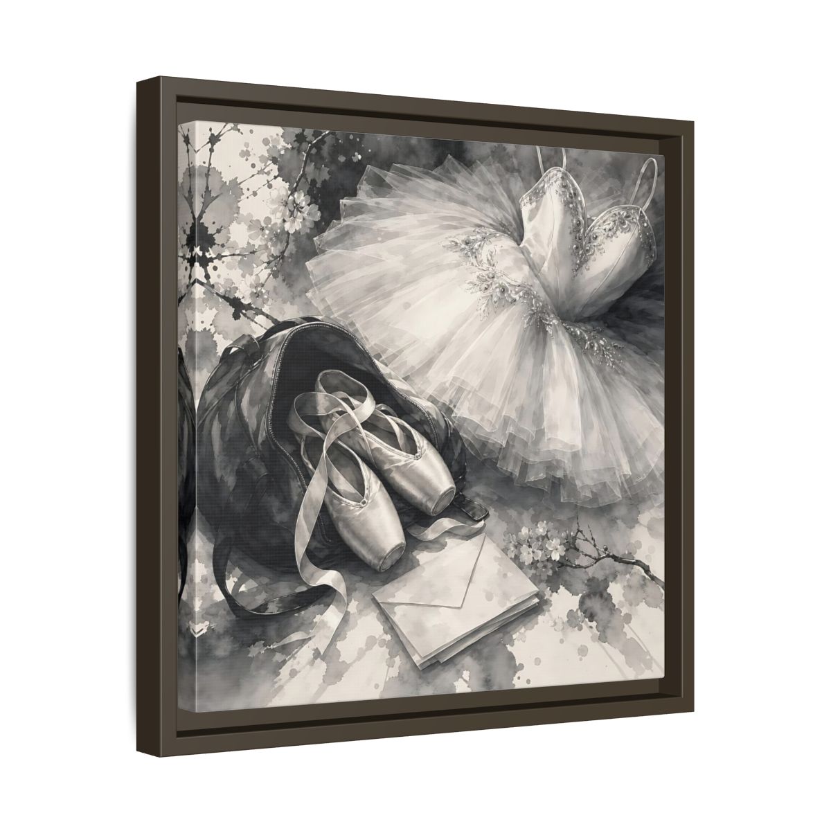Side Mockup 29. Floral Ballet Shoes Monochrome Ballet shown as framed canvas print