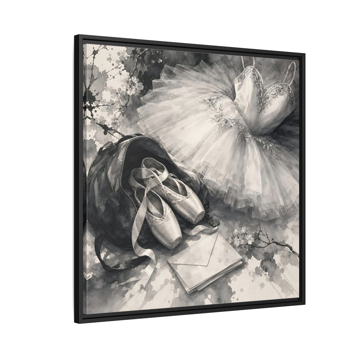Side Mockup 9. Floral Ballet Shoes Monochrome Ballet shown as framed canvas print