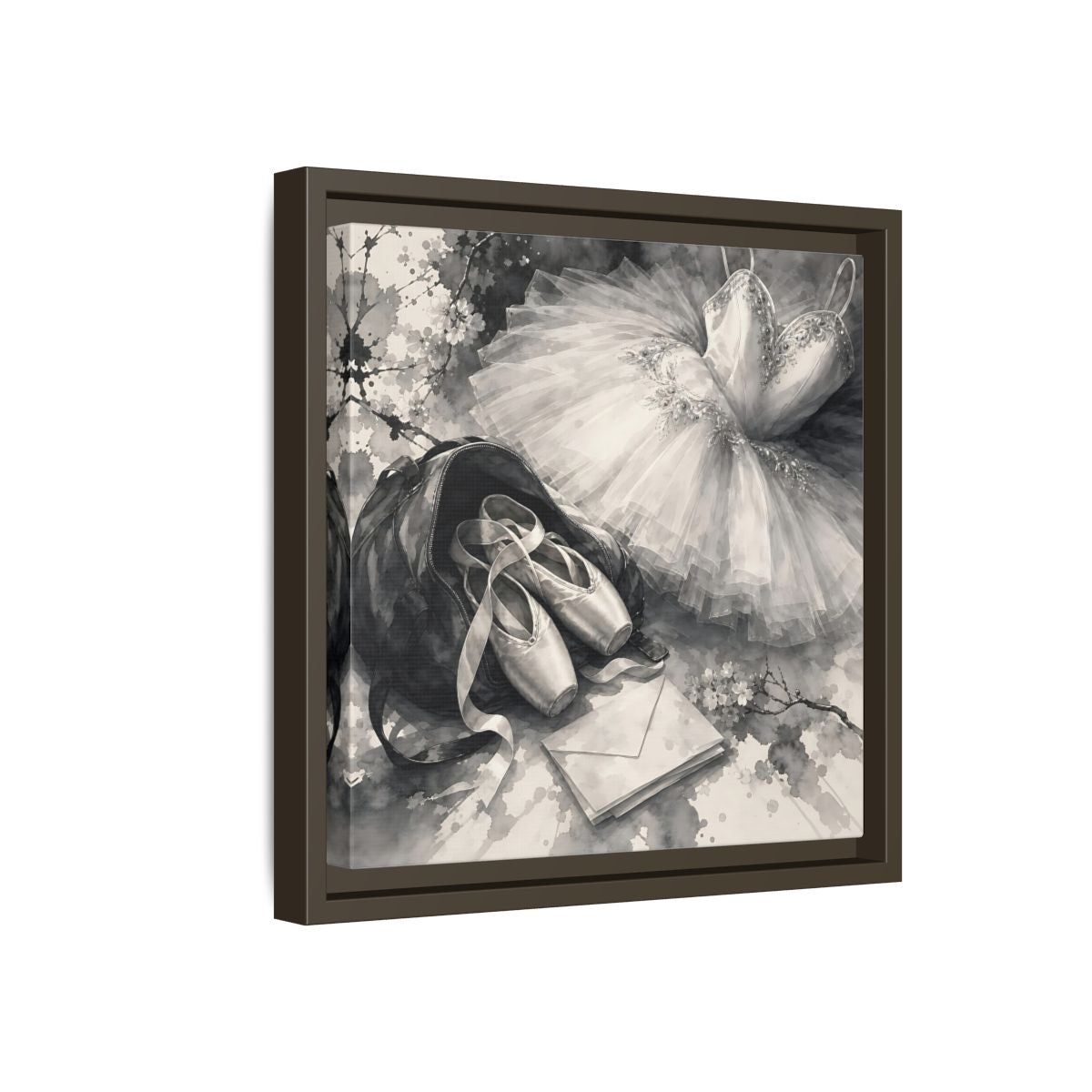 Side Mockup 17. Floral Ballet Shoes Monochrome Ballet shown as framed canvas print