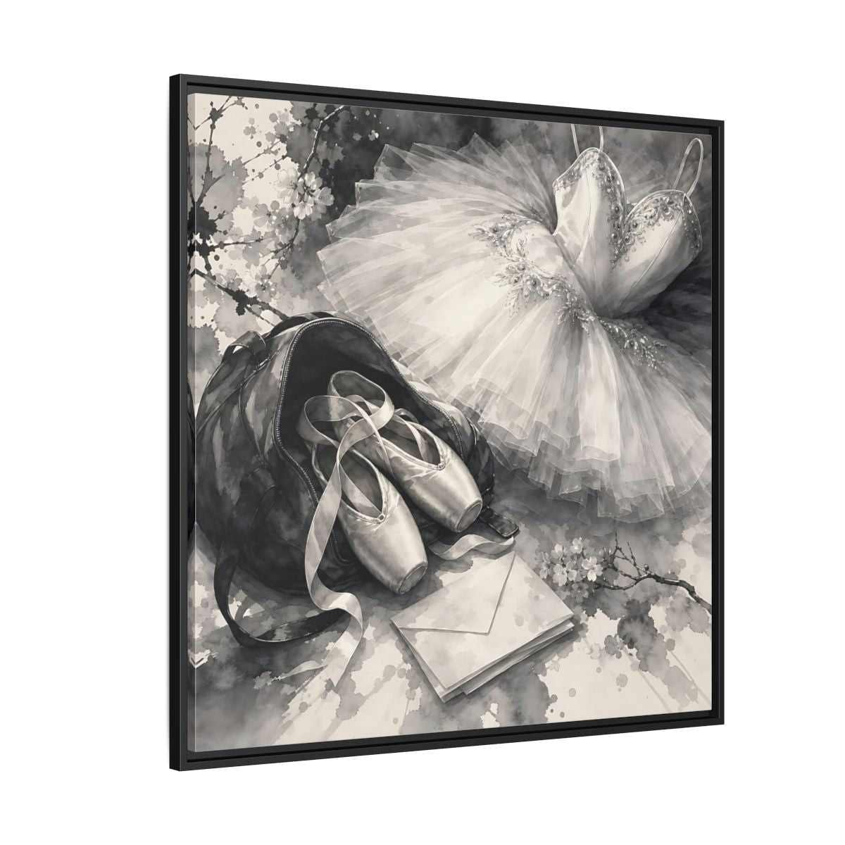 Side Mockup 6. Floral Ballet Shoes Monochrome Ballet shown as framed canvas print