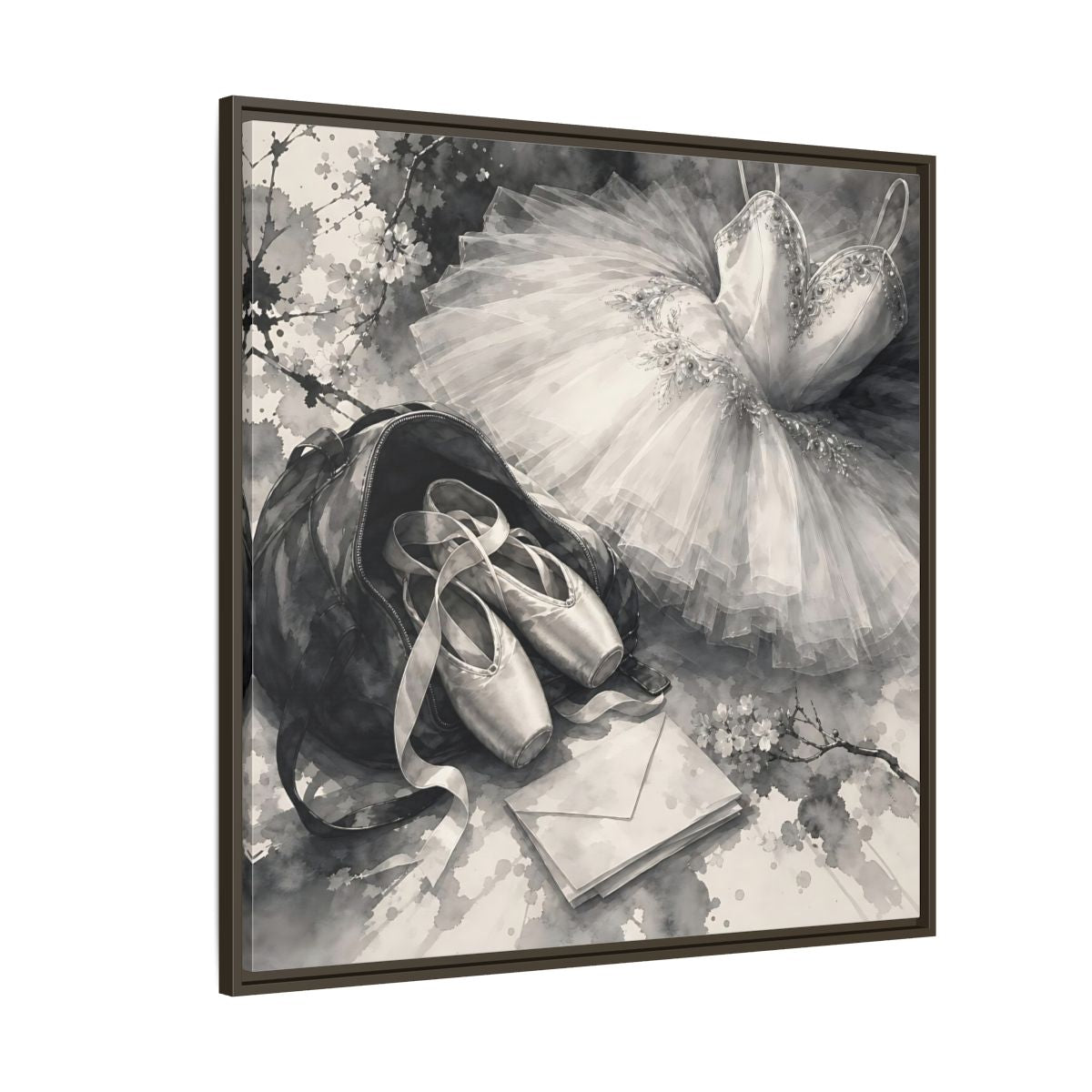 Side Mockup 5. Floral Ballet Shoes Monochrome Ballet shown as framed canvas print