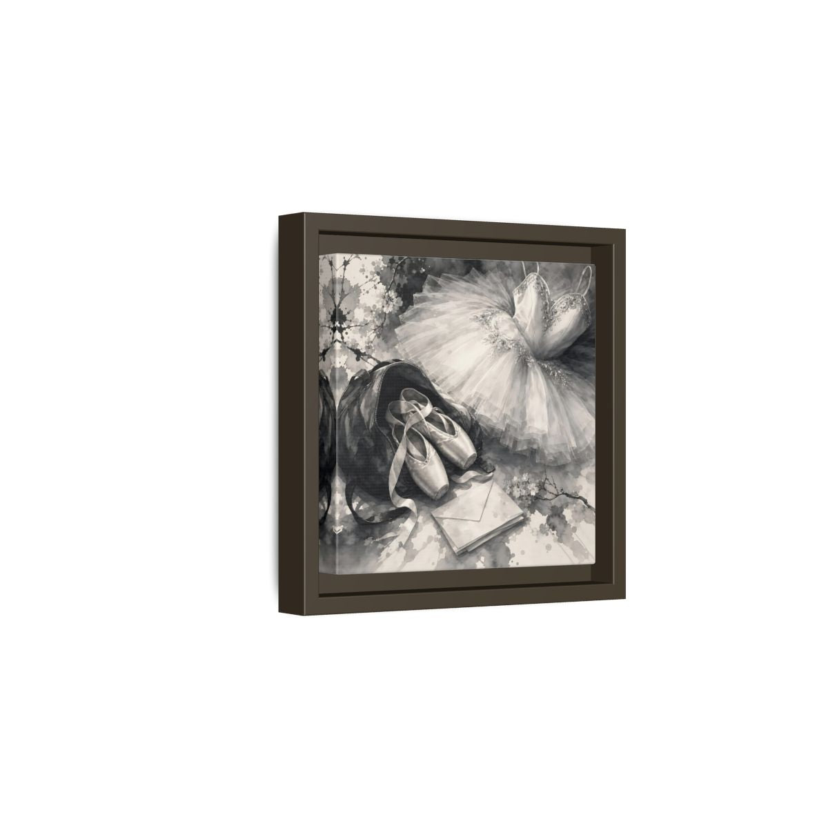 Side Mockup 2. Floral Ballet Shoes Monochrome Ballet shown as framed canvas print