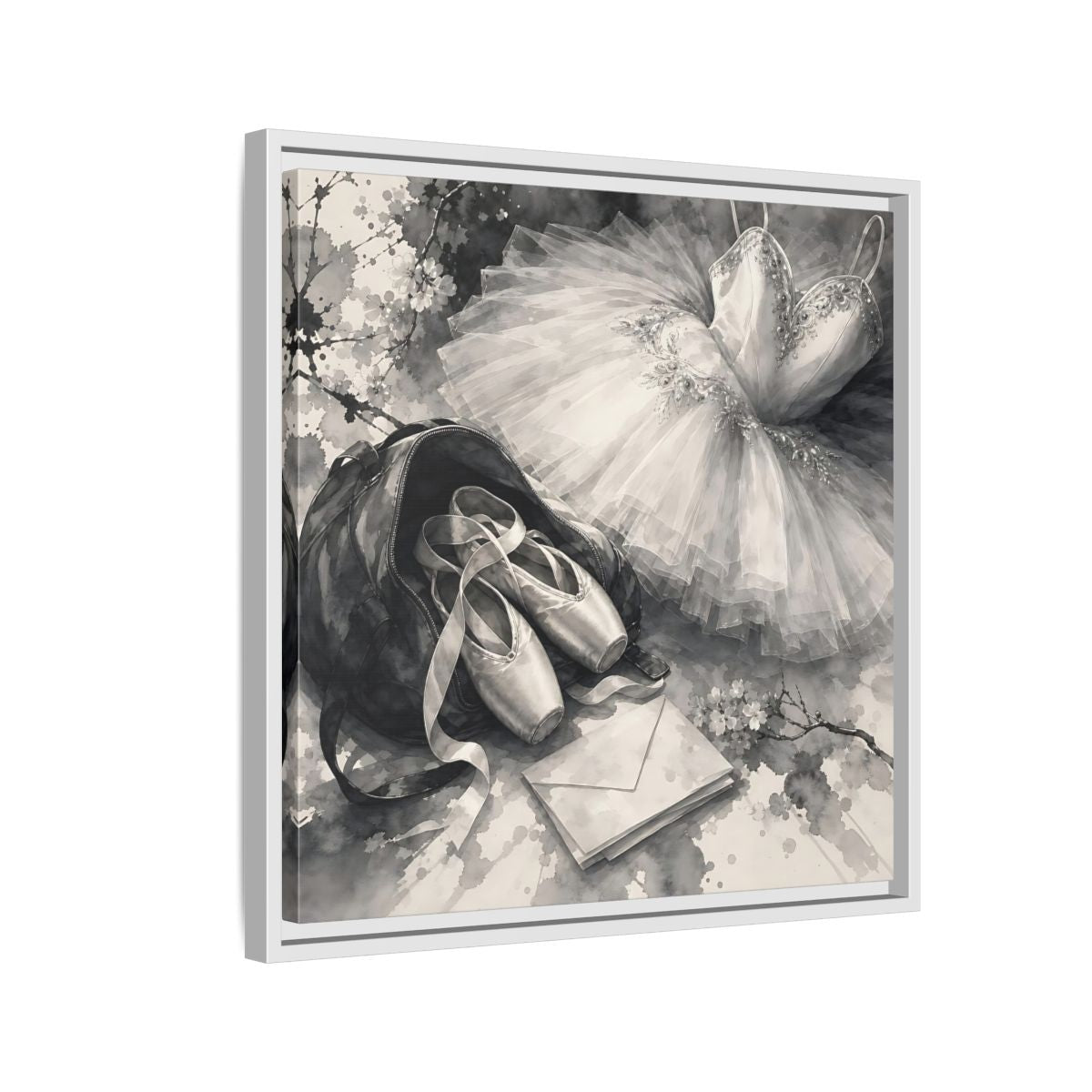 Side Mockup 10. Floral Ballet Shoes Monochrome Ballet shown as framed canvas print