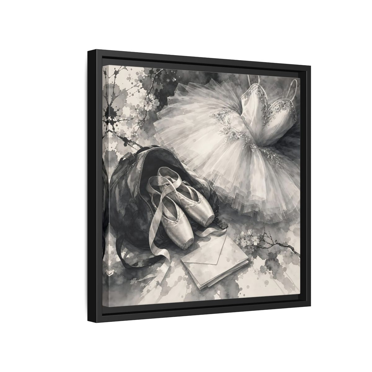 Side Mockup 15. Floral Ballet Shoes Monochrome Ballet shown as framed canvas print