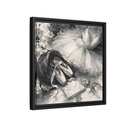 Side Mockup 15. Floral Ballet Shoes Monochrome Ballet shown as framed canvas print