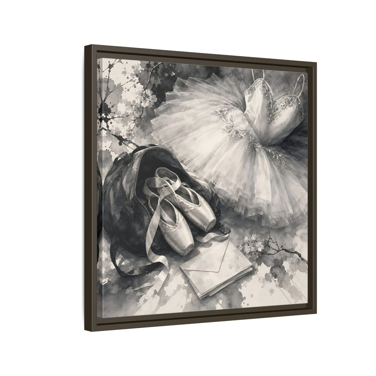 Side Mockup 11. Floral Ballet Shoes Monochrome Ballet shown as framed canvas print