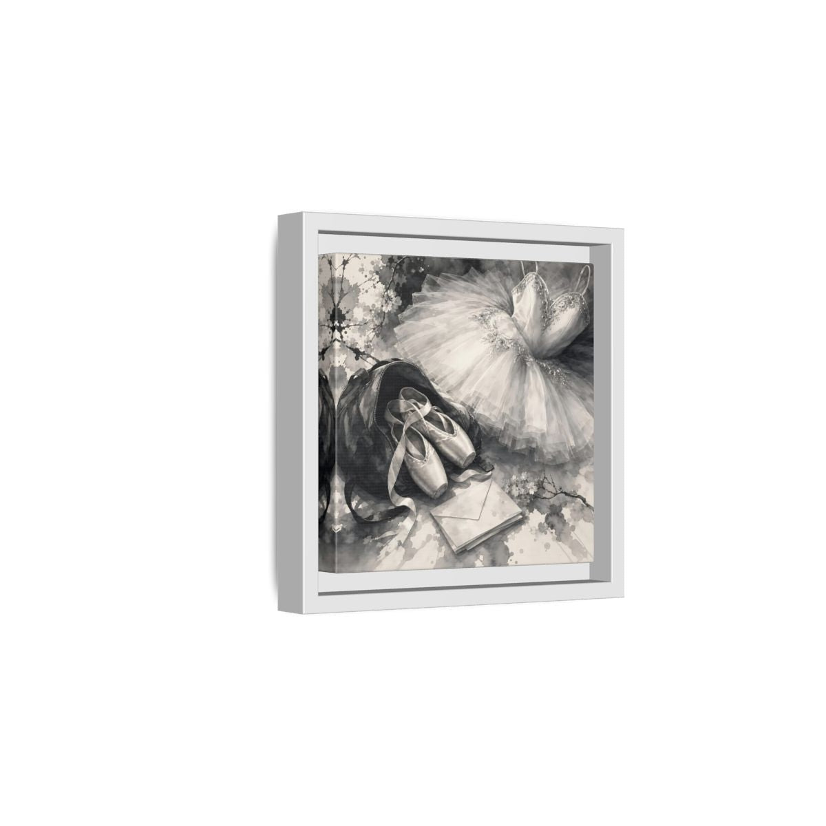 Side Mockup 1. Floral Ballet Shoes Monochrome Ballet shown as framed canvas print
