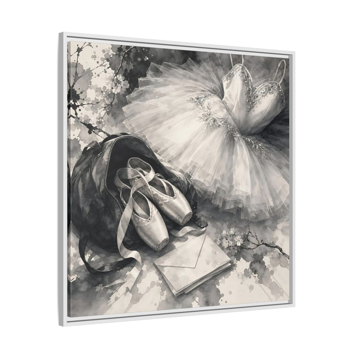 Side Mockup 25. Floral Ballet Shoes Monochrome Ballet shown as framed canvas print