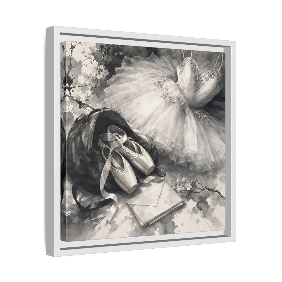 Side Mockup 28. Floral Ballet Shoes Monochrome Ballet shown as framed canvas print