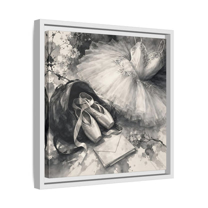 Side Mockup 28. Floral Ballet Shoes Monochrome Ballet shown as framed canvas print