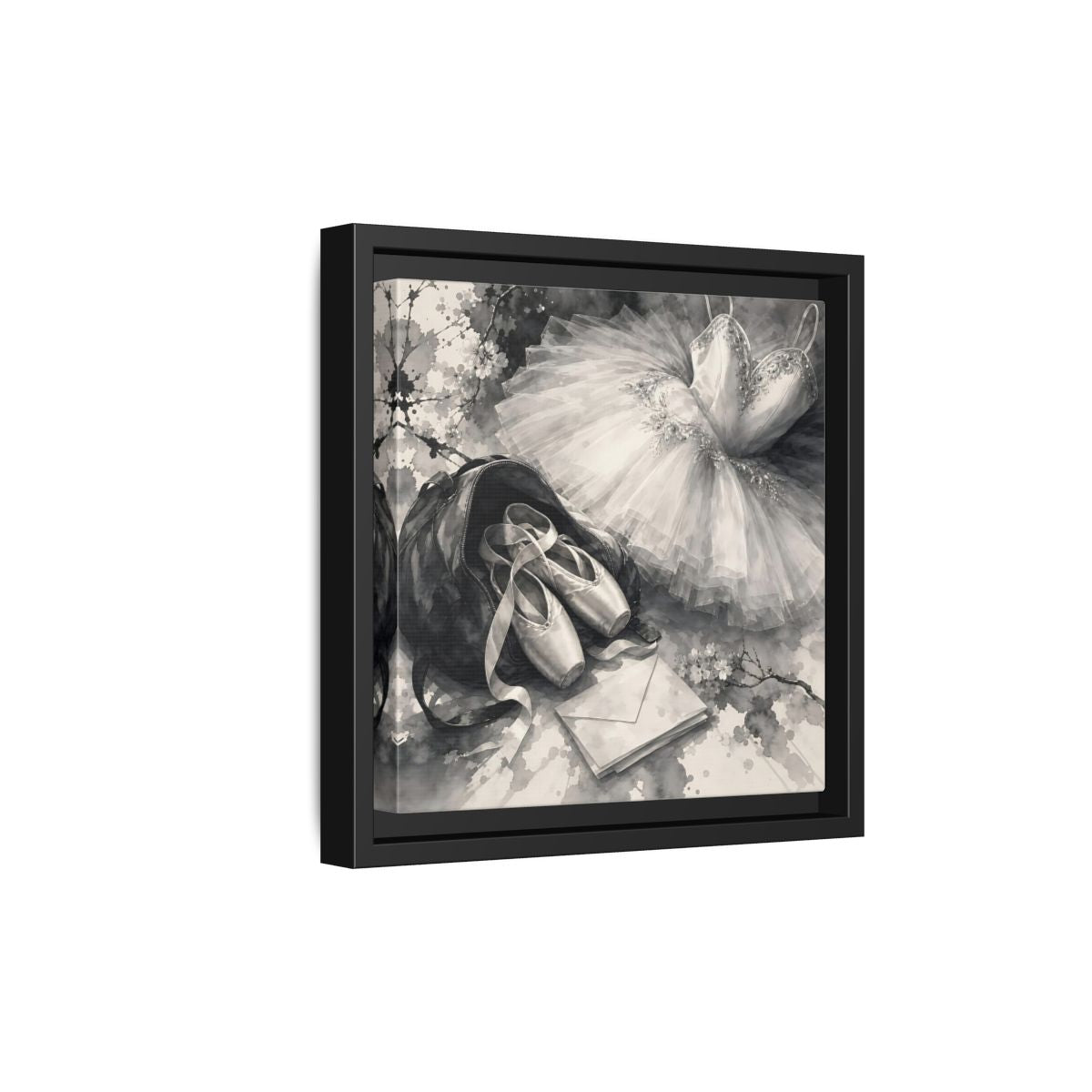 Side Mockup 21. Floral Ballet Shoes Monochrome Ballet shown as framed canvas print