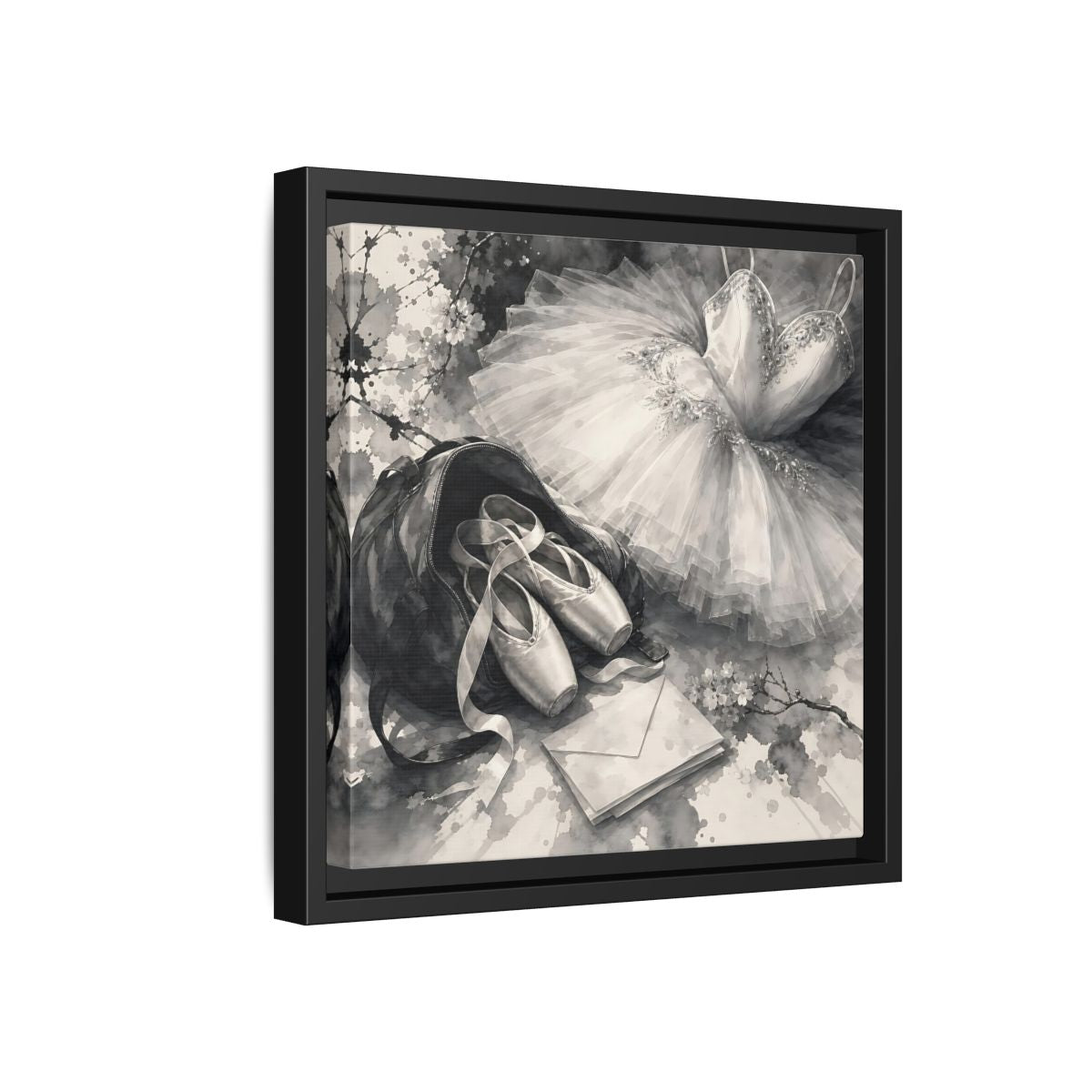 Side Mockup 18. Floral Ballet Shoes Monochrome Ballet shown as framed canvas print