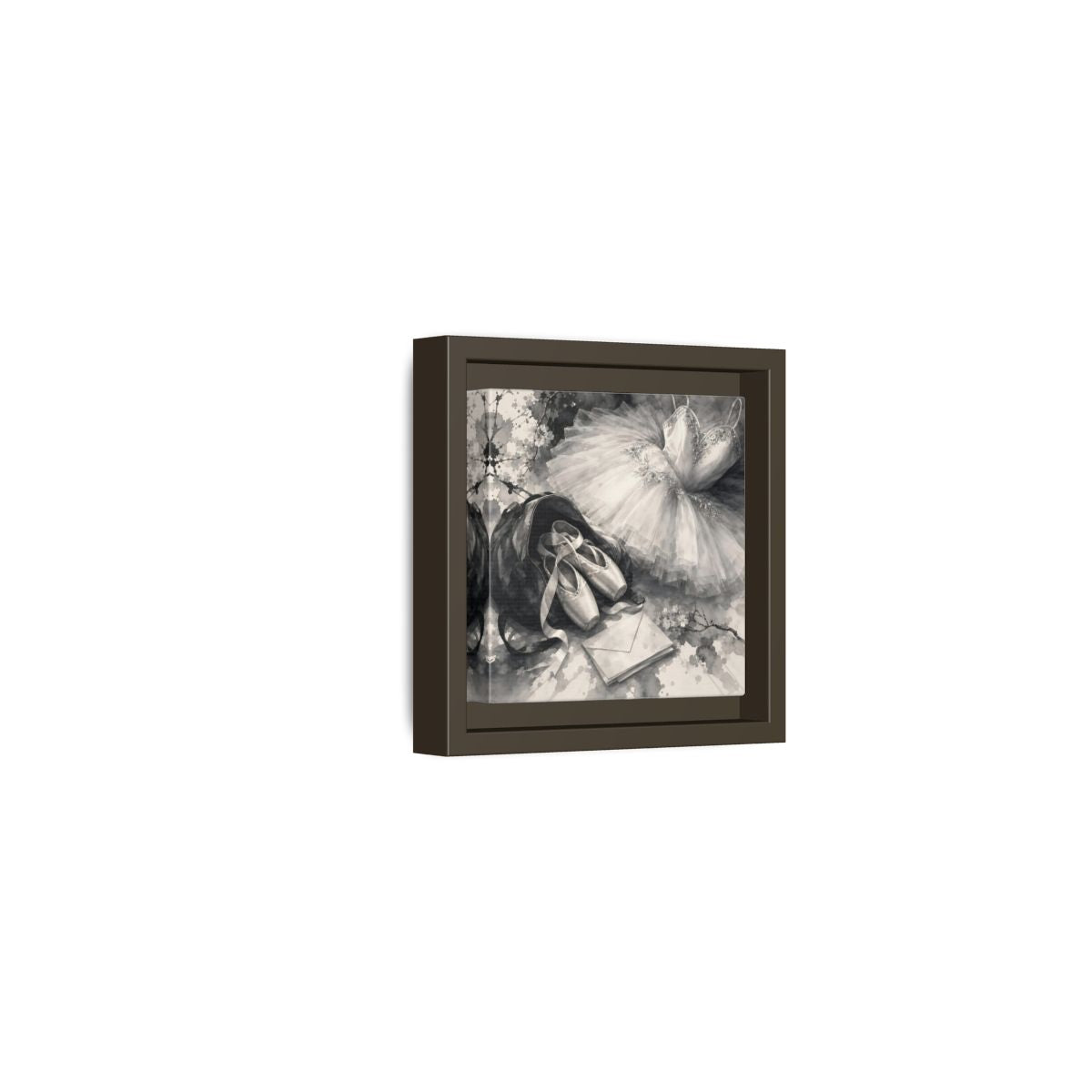 Side Mockup 23. Floral Ballet Shoes Monochrome Ballet shown as framed canvas print
