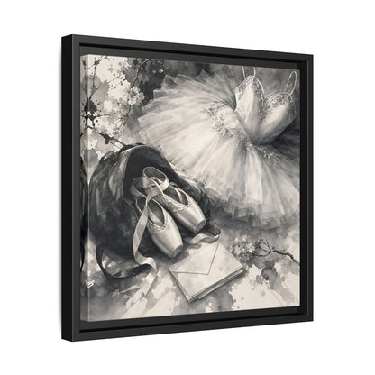 Side Mockup 32. Floral Ballet Shoes Monochrome Ballet shown as framed canvas print