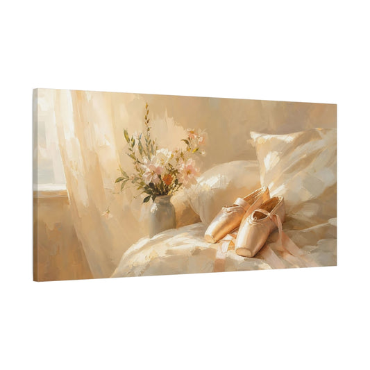 Main Mockup. Floral Ballet Shoes Warm Beige Ballet shown as canvas print