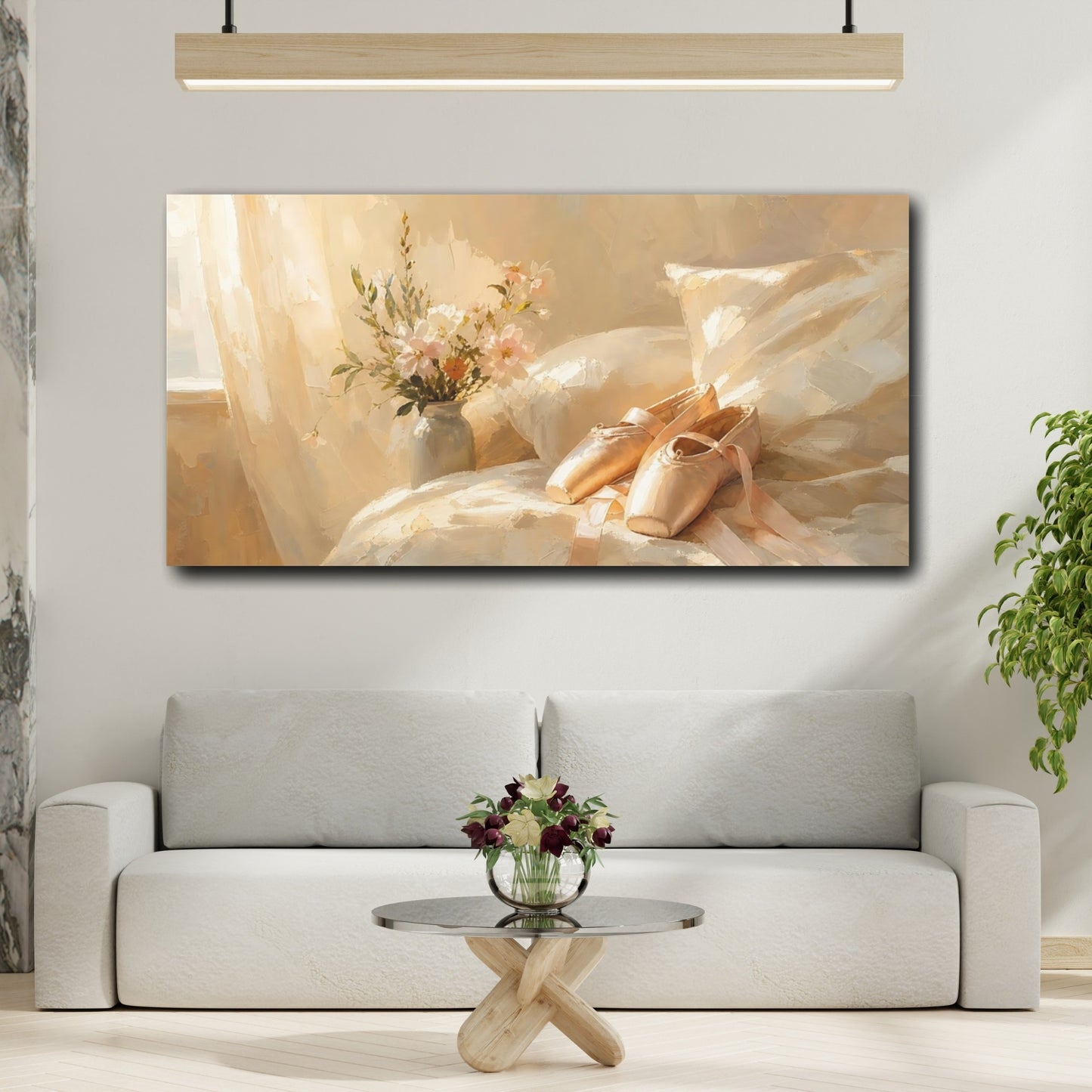 Mockup 2. Floral Ballet Shoes Warm Beige Ballet shown as canvas print