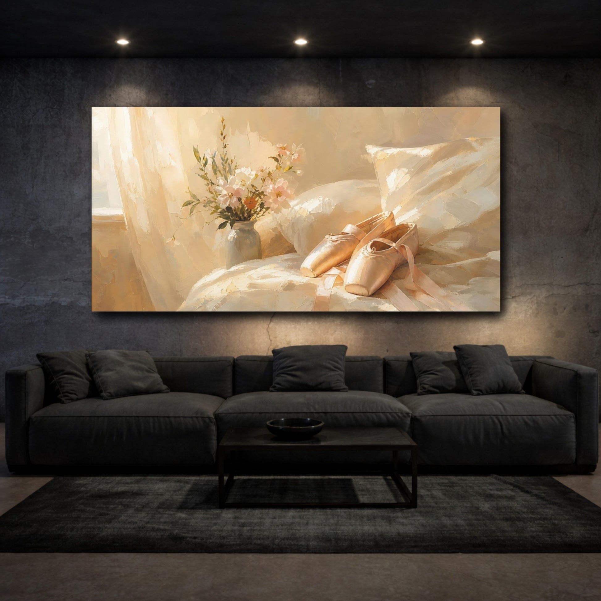 Mockup 3. Floral Ballet Shoes Warm Beige Ballet shown as canvas print