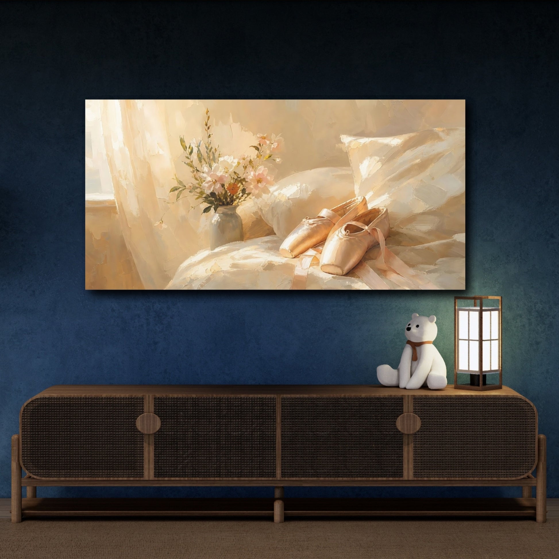 Mockup 4. Floral Ballet Shoes Warm Beige Ballet shown as canvas print