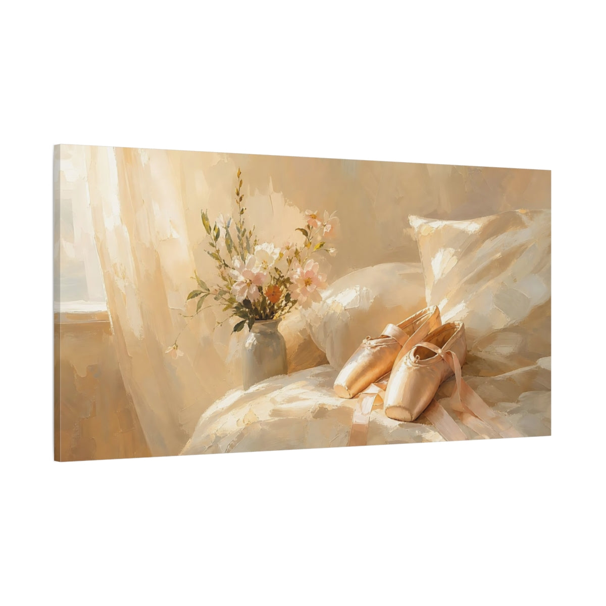 Side Mockup 2. Floral Ballet Shoes Warm Beige Ballet shown as canvas print