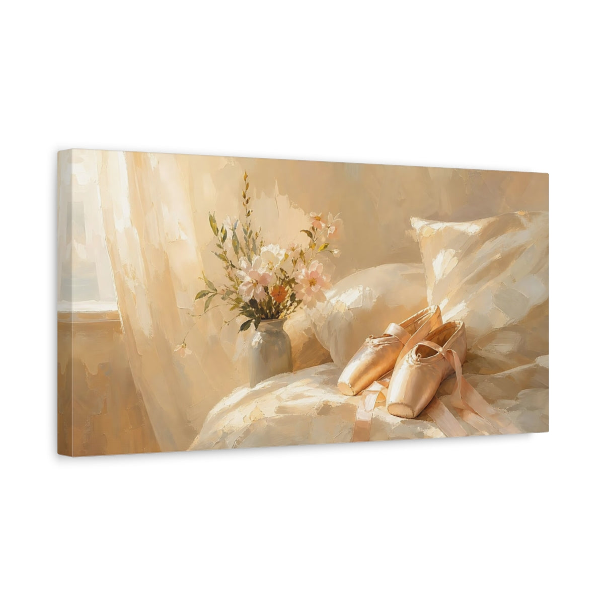 Side Mockup 3. Floral Ballet Shoes Warm Beige Ballet shown as canvas print