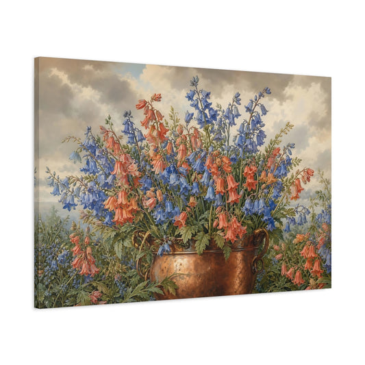 Main Mockup. Floral Bellflowers Blue And Orange Bellflowers shown as stretched canvas wall art