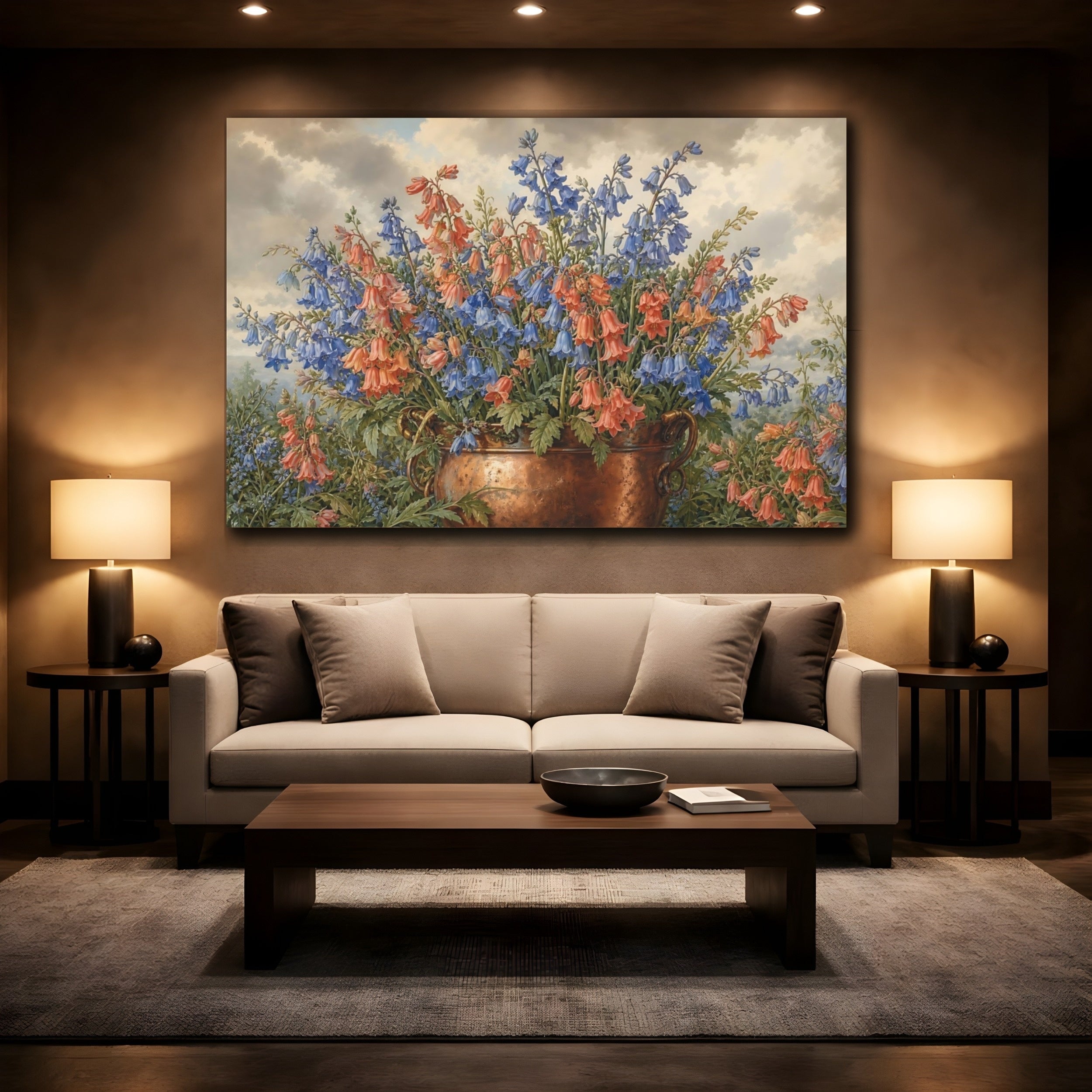Mockup 2. Floral Bellflowers Blue And Orange Bellflowers shown as stretched canvas wall art
