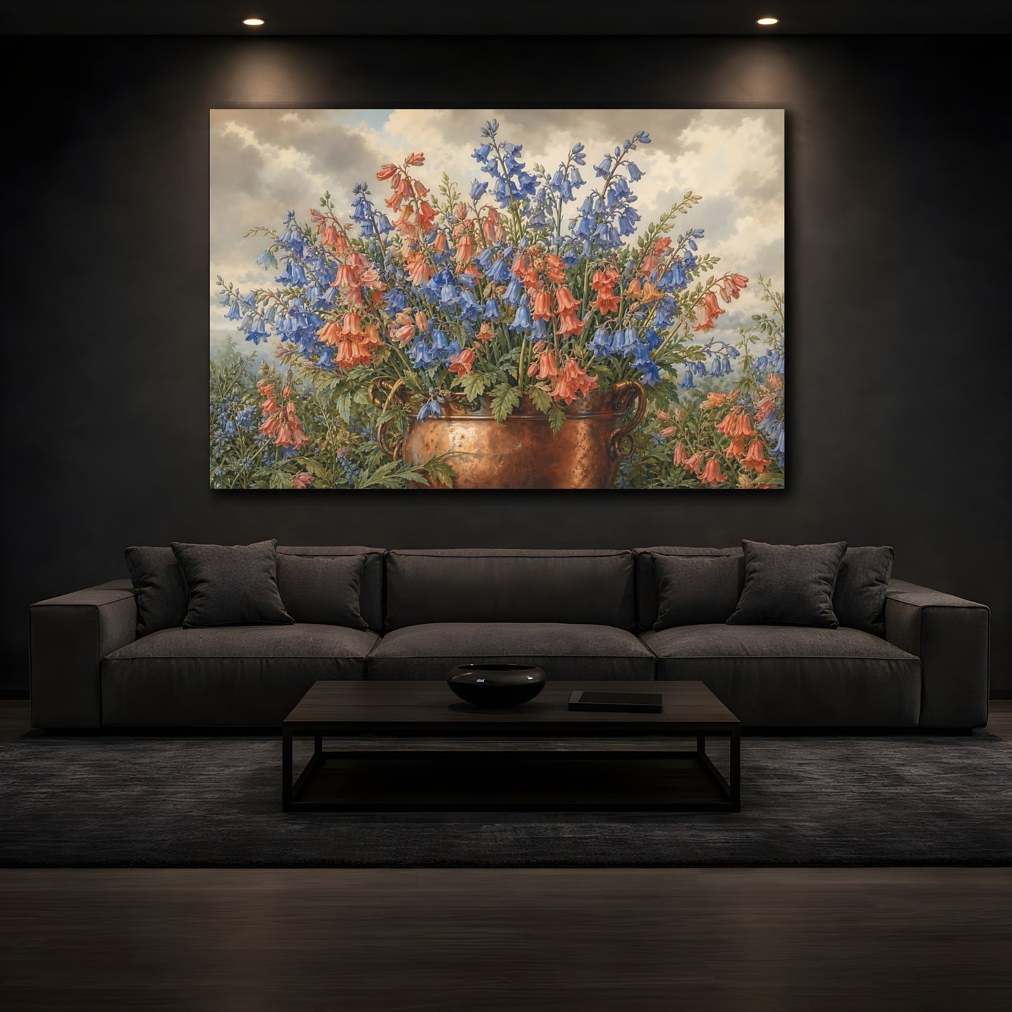 Mockup 3. Floral Bellflowers Blue And Orange Bellflowers shown as stretched canvas wall art
