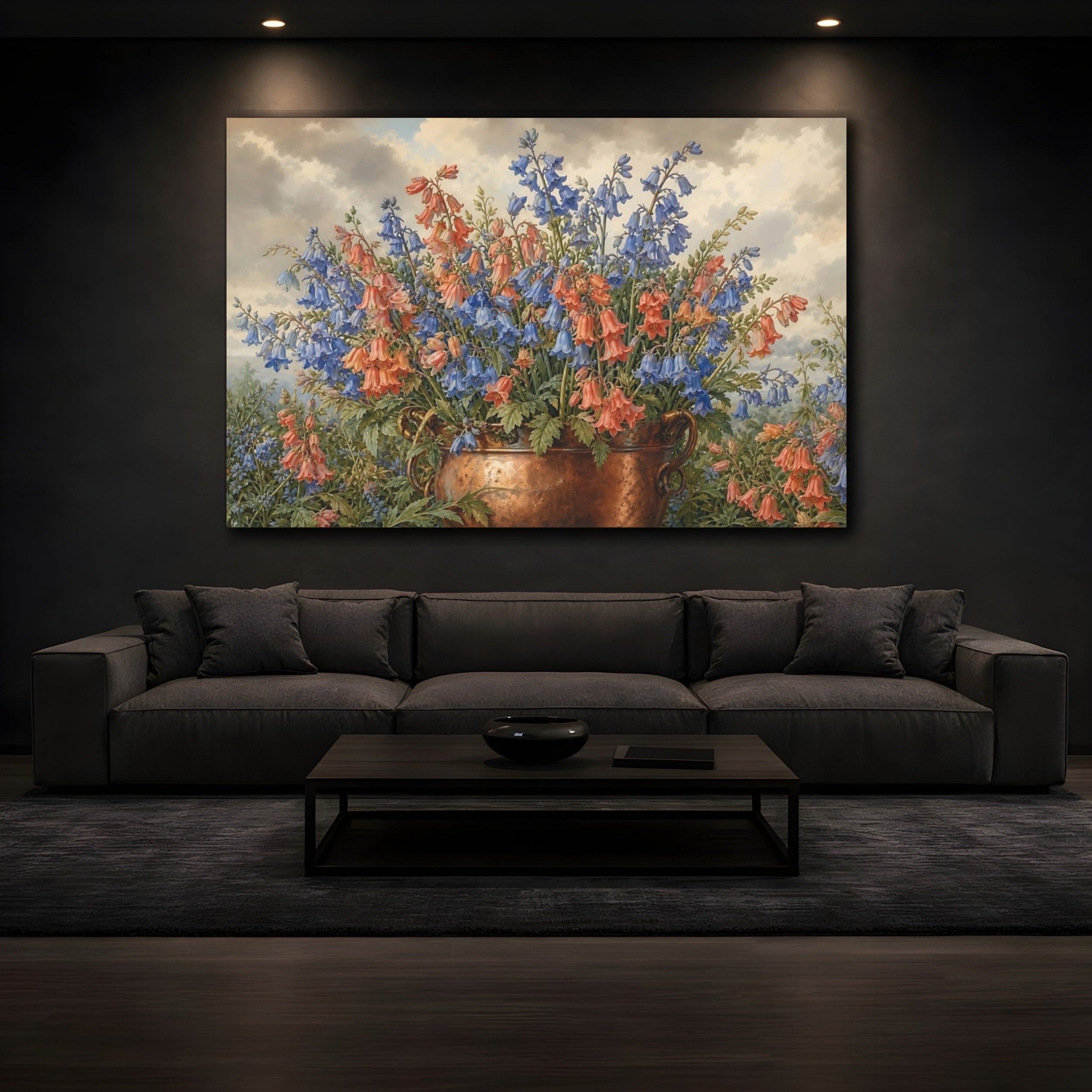 Mockup 3. Floral Bellflowers Blue And Orange Bellflowers shown as stretched canvas wall art
