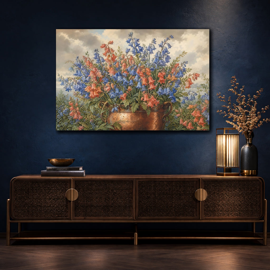 Mockup 4. Floral Bellflowers Blue And Orange Bellflowers shown as stretched canvas wall art