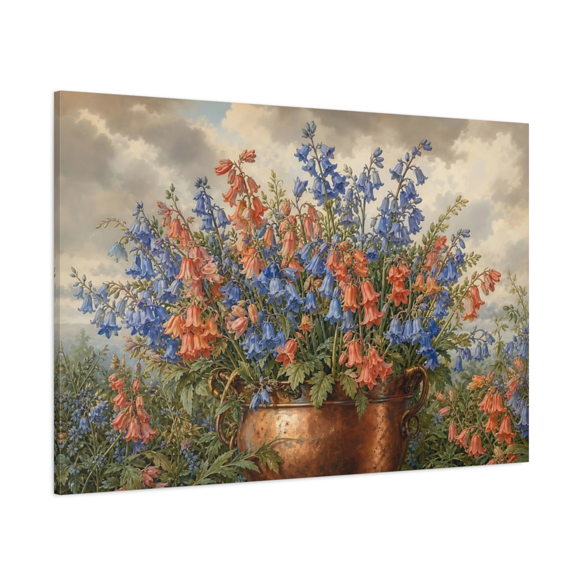Side Mockup 1. Floral Bellflowers Blue And Orange Bellflowers shown as stretched canvas wall art