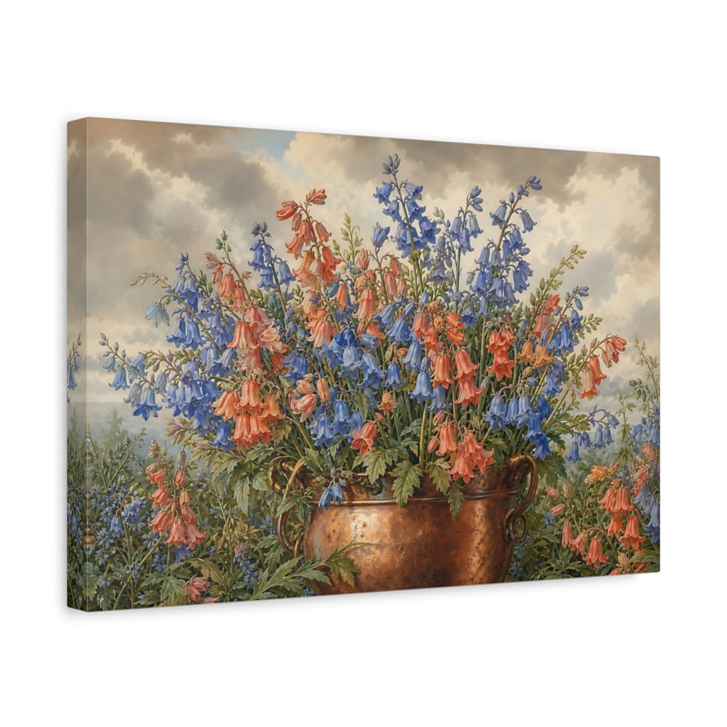 Side Mockup 4. Floral Bellflowers Blue And Orange Bellflowers shown as stretched canvas wall art