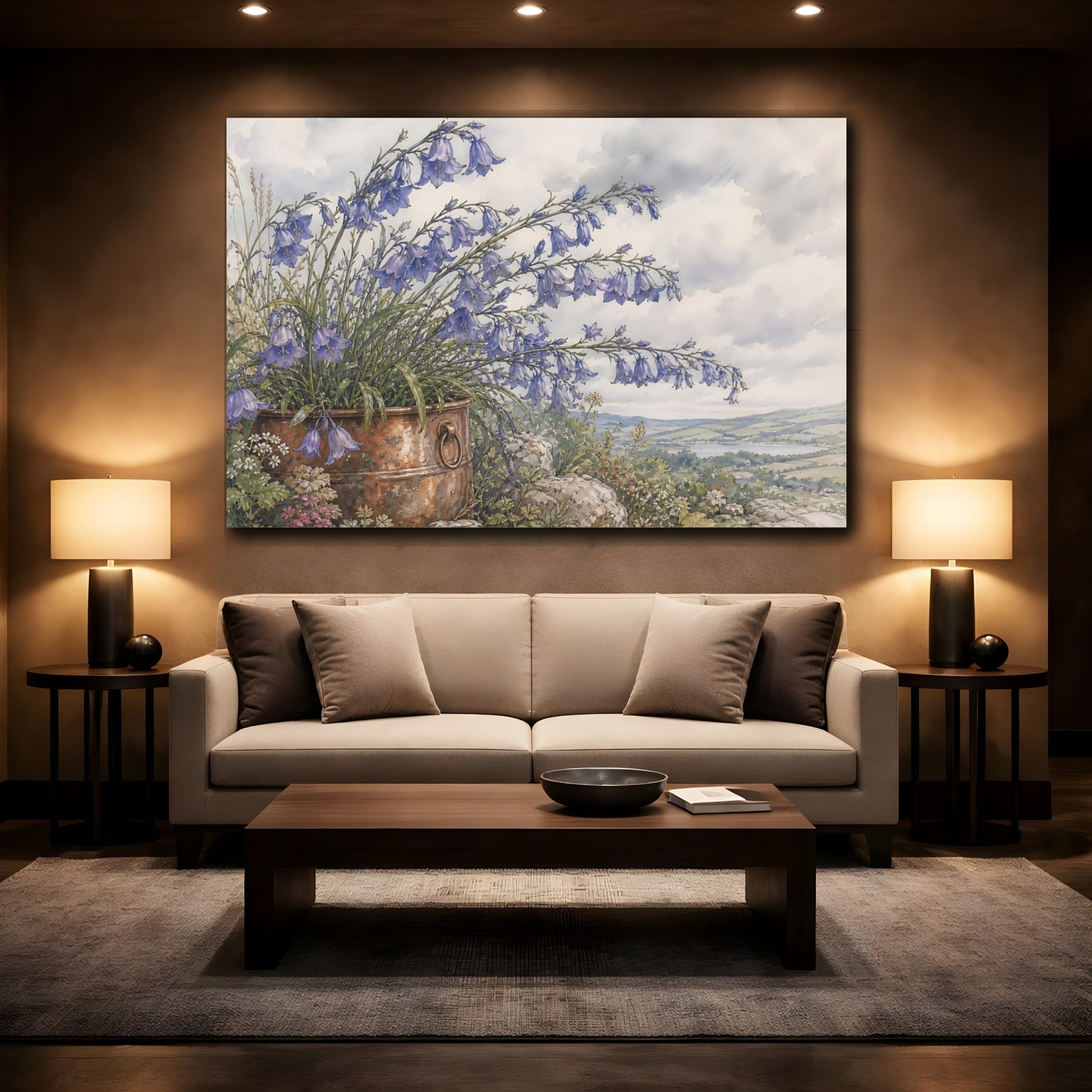 Mockup 2. Floral Bellflowers Blue Floral Rustic shown as stretched canvas wall art
