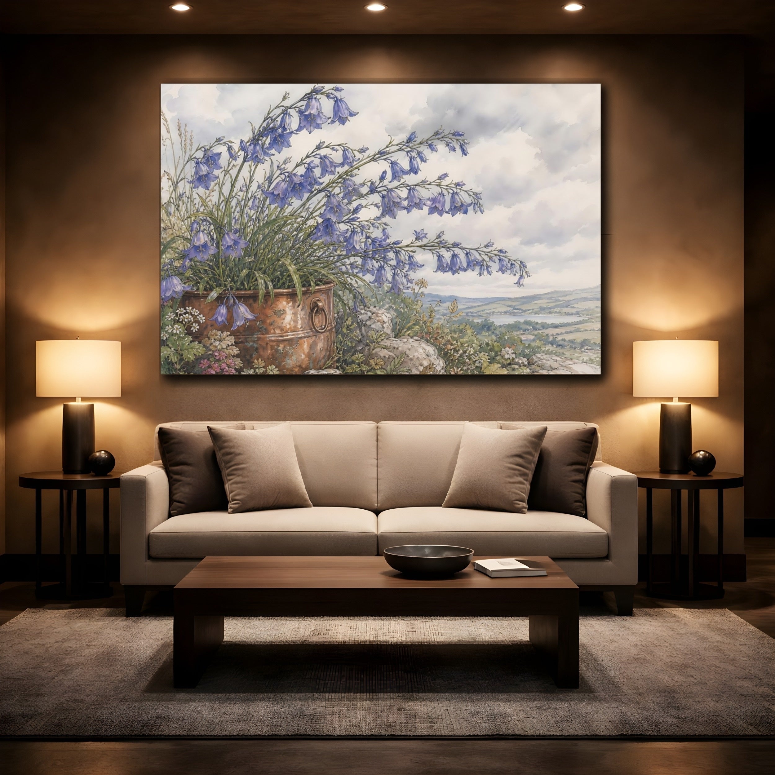 Mockup 2. Floral Bellflowers Blue Floral Rustic shown as stretched canvas wall art
