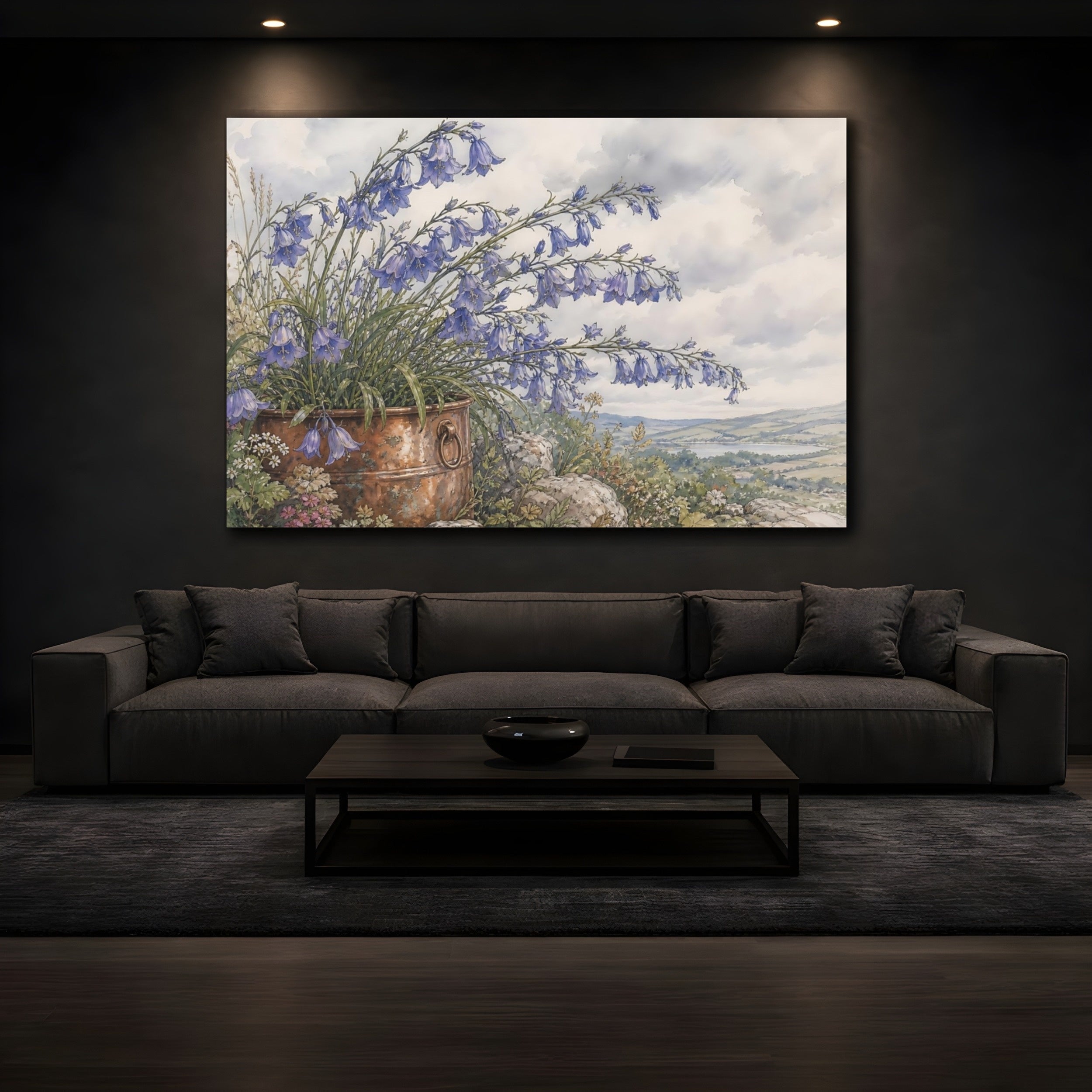 Mockup 3. Floral Bellflowers Blue Floral Rustic shown as stretched canvas wall art