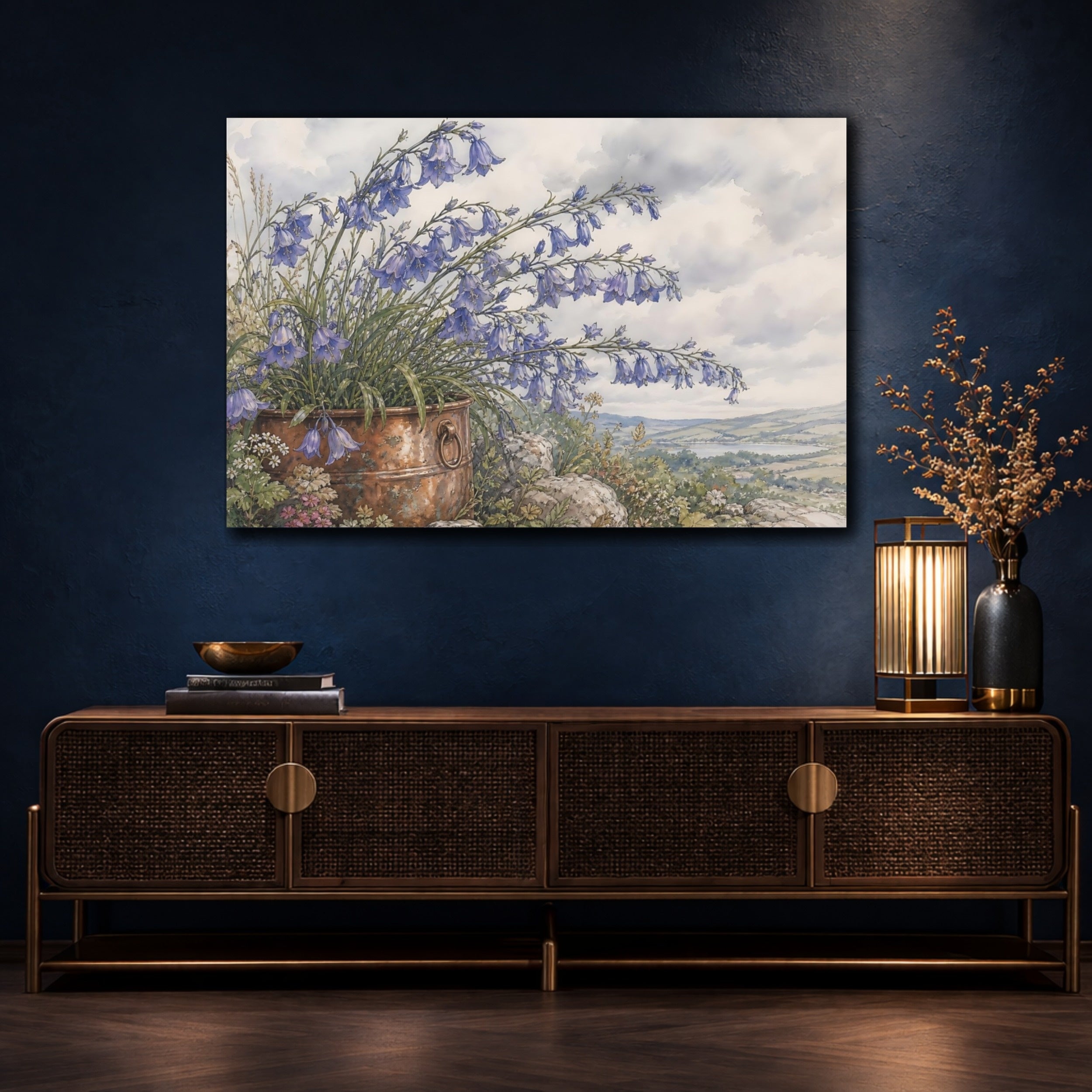 Mockup 4. Floral Bellflowers Blue Floral Rustic shown as stretched canvas wall art