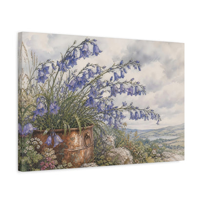 Side Mockup 3. Floral Bellflowers Blue Floral Rustic shown as stretched canvas wall art