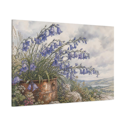 Side Mockup 1. Floral Bellflowers Blue Floral Rustic shown as stretched canvas wall art