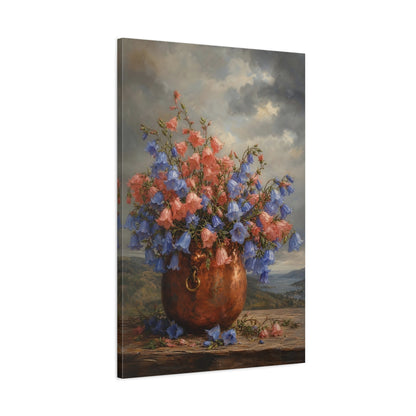 Main Mockup. Floral Bellflowers Pink And Blue Bellflowers shown as stretched canvas wall art