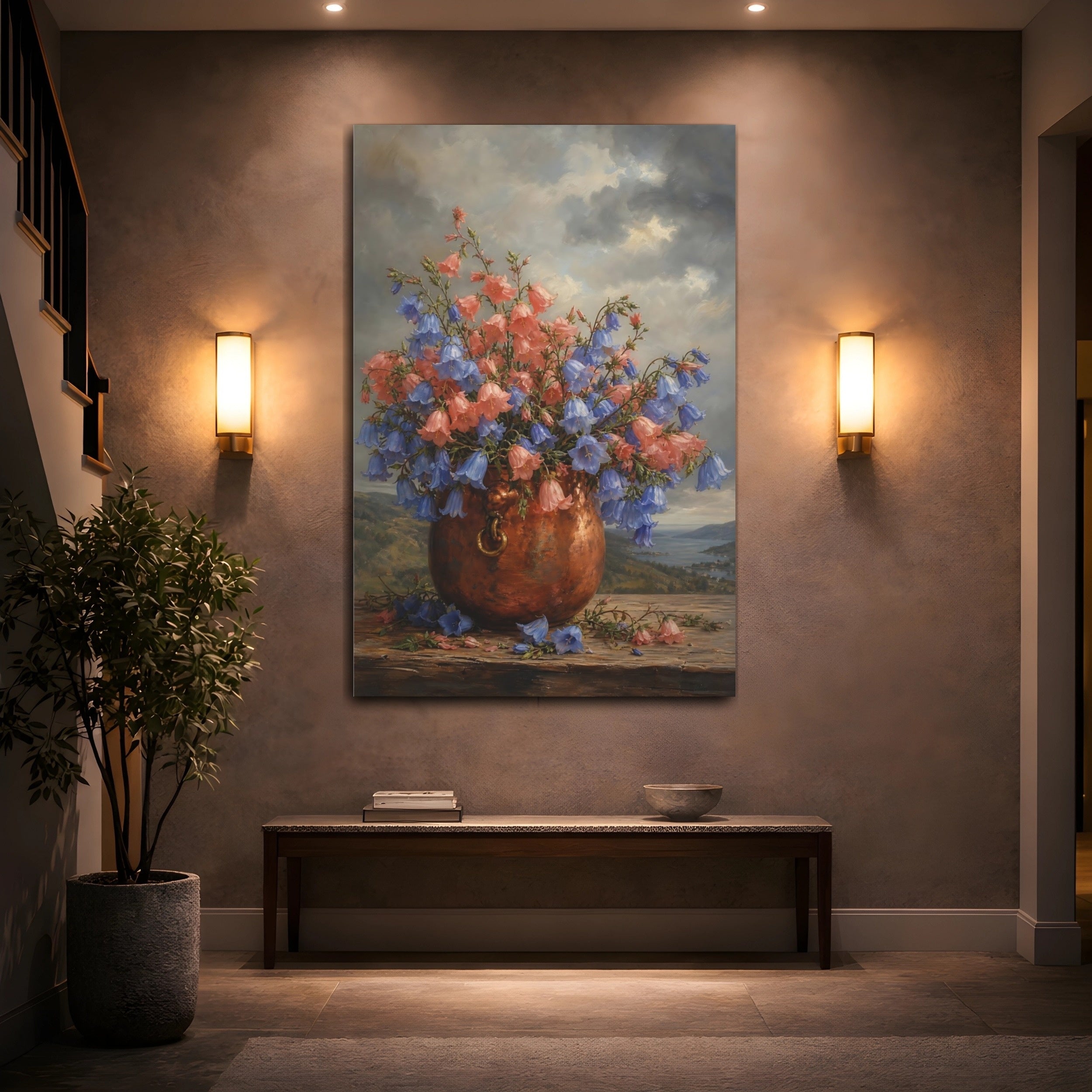 Mockup 2. Floral Bellflowers Pink And Blue Bellflowers shown as stretched canvas wall art