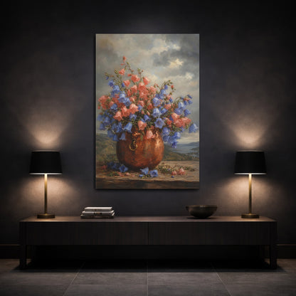 Mockup 3. Floral Bellflowers Pink And Blue Bellflowers shown as stretched canvas wall art