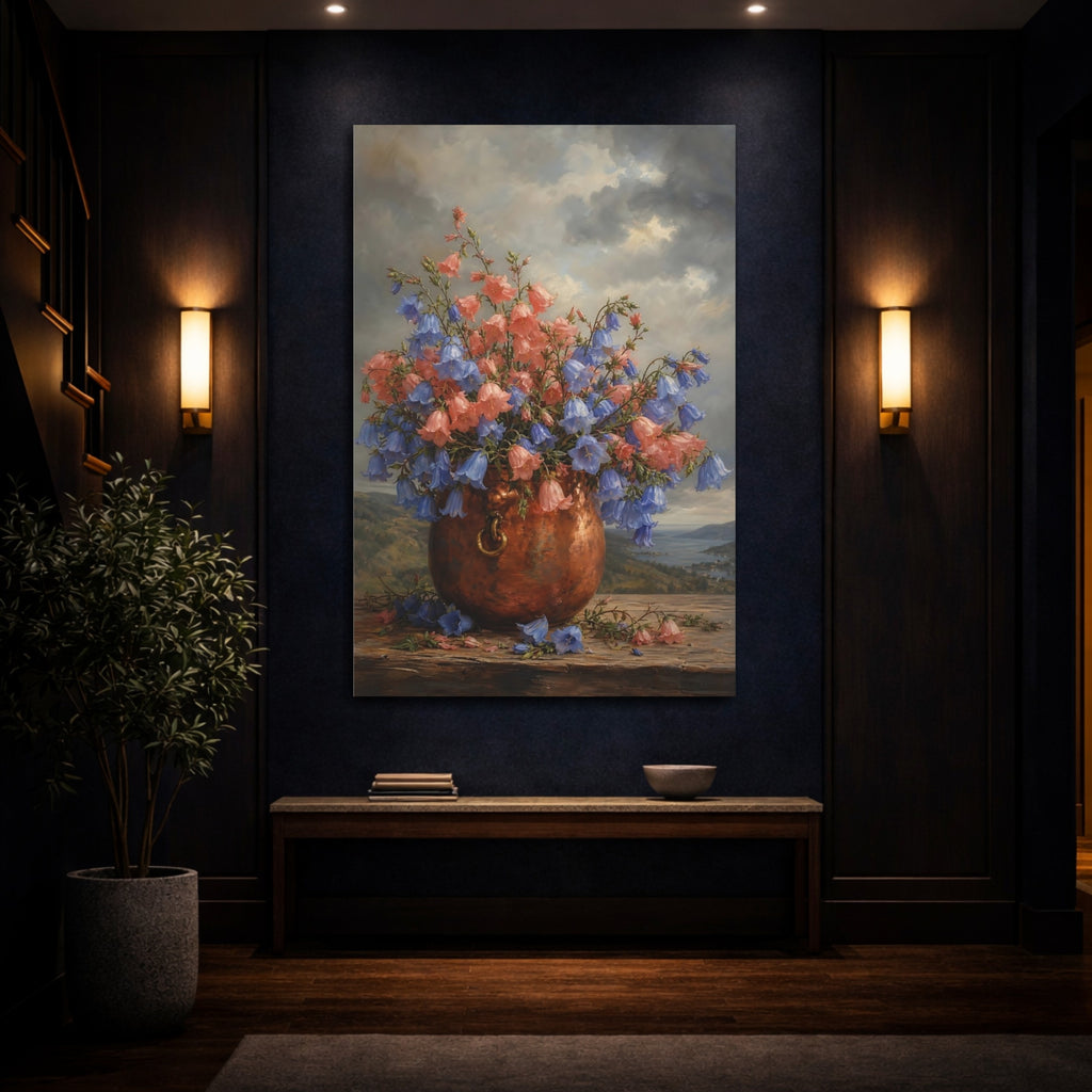 Mockup 4. Floral Bellflowers Pink And Blue Bellflowers shown as stretched canvas wall art