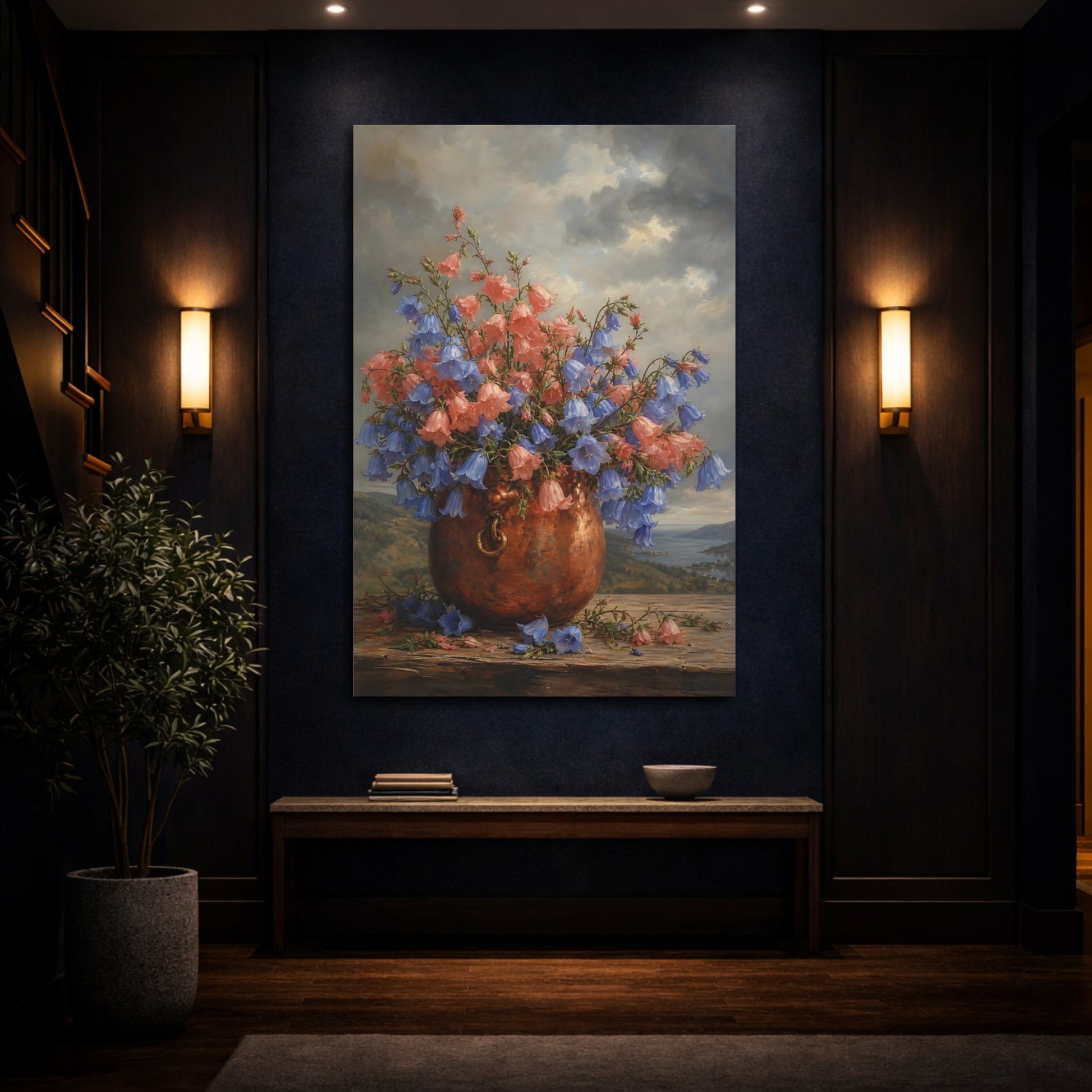 Mockup 4. Floral Bellflowers Pink And Blue Bellflowers shown as stretched canvas wall art