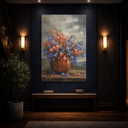 Mockup 4. Floral Bellflowers Pink And Blue Bellflowers shown as stretched canvas wall art